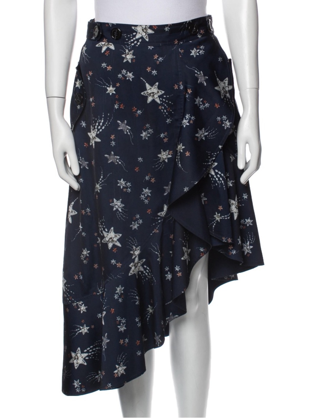 Self-Portrait Navy Starprint Asymmetrical Ruffle Midi Skirt